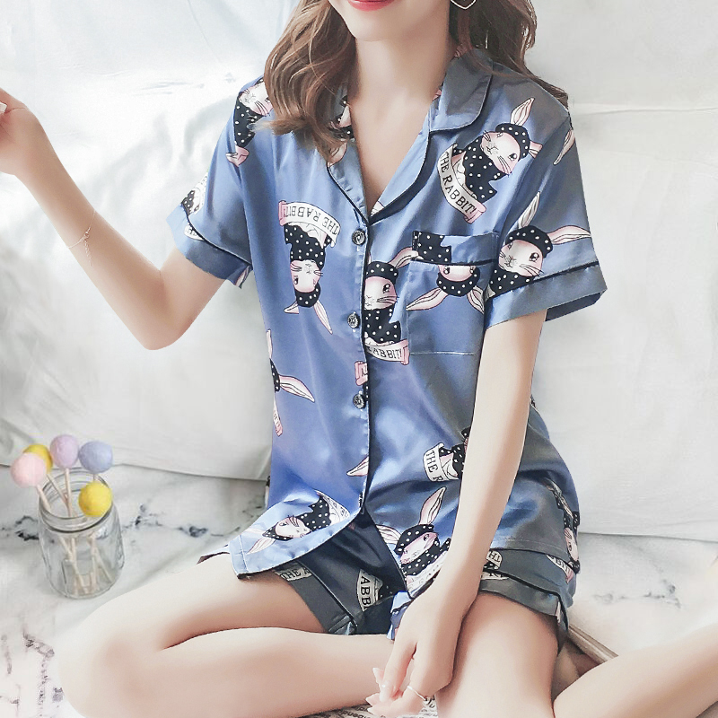 Korean version of pajamas women's summer thin ice silk two-piece set split short-sleeved brand simulation silk printing cute home clothes