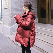 Chic red down cotton dress womens ins tide harbor style cotton coat short style small cotton jacket loose bread clothes winter thick coat