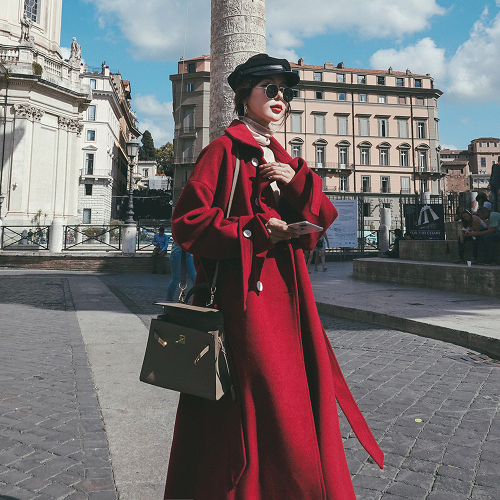 New Year's festive red woolen coat women's mid-length high-quality temperament autumn and winter 2022 new thick woolen coat