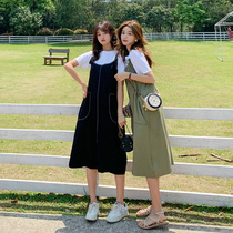 Retro college style small man black strap skirt female summer New temperament thin sweet salt casual skirt