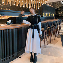 Striped Splice Dress Women 2021 Spring and Autumn Temperament Hepburn Style Long Skirt Design Sense Small Skirt Two Piece