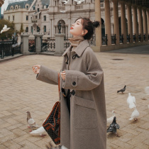 Herringbone tweed coat womens mid-length 2022 new autumn winter thick Korean version loose horn button wool coat