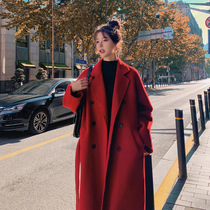 Red woolen coat womens autumn winter mid-length 2022 new small man fashion temperament loose cashmere coat