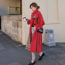 Plaid mosaic red windbreaker female medium long little boy English temperament Korean loose waist spring and autumn coat