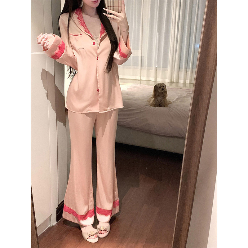 Sweet and Cute Girly Lace Pink Ice Silk Long-Sleeved Pajamas for Women, Autumn Loose-Fitting Long Pants Loungewear Set, Trendy Sweet and Cute Girly Lace Pink Ice Silk Long-Sleeved Pajamas for Women, Autumn Loose-Fitting Long Pants Loungewear Set, Trendy