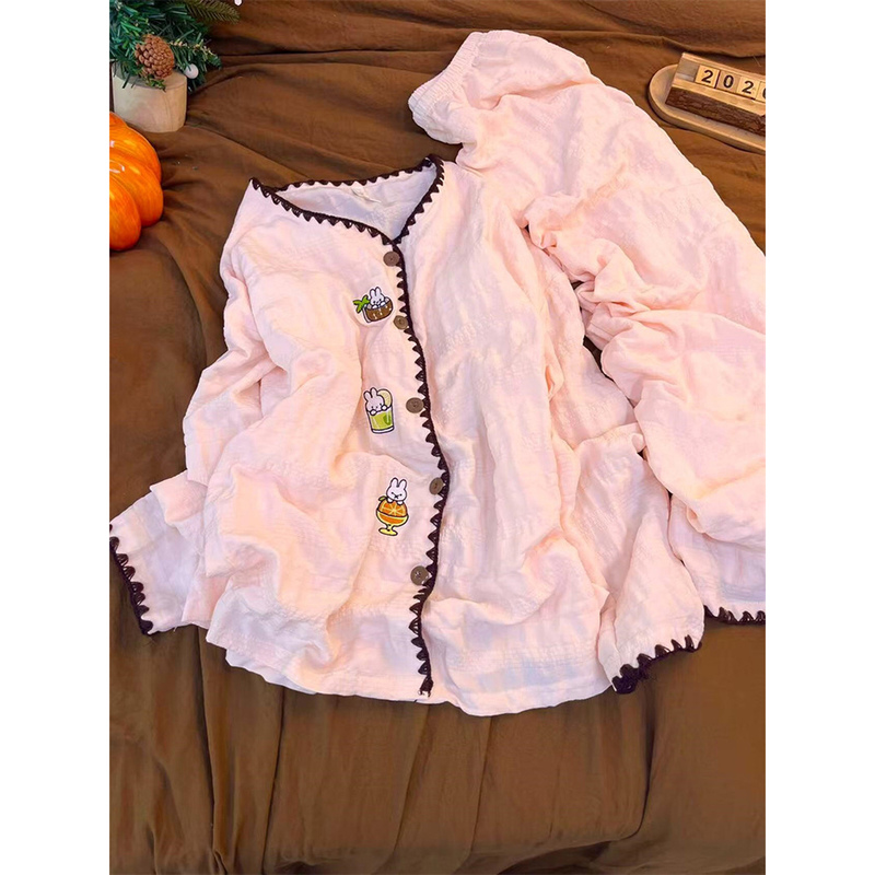 Lazy-Style Pink Embroidered Miffy Rabbit Cloud Cotton Long-Sleeved Pajamas with Chest Pads for Women, Autumn Long Pants Loungewear Set Lazy-Style Pink Embroidered Miffy Rabbit Cloud Cotton Long-Sleeved Pajamas with Chest Pads for Women, Autumn Long Pants Loungewear Set