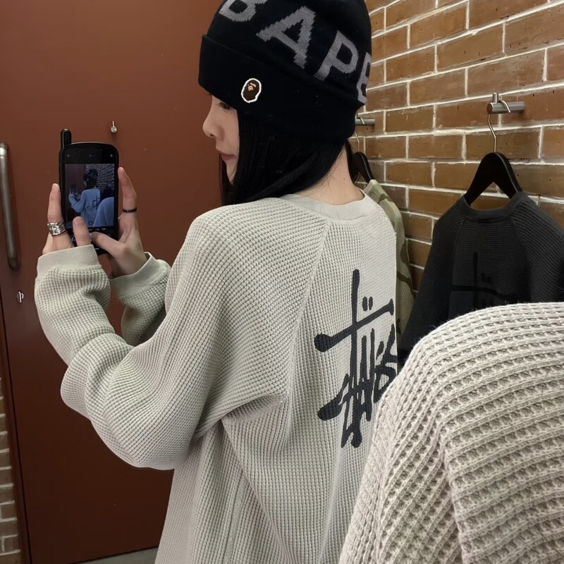 2026 Autumn Seoul New High-End Fashionable Waffle Letter Print Loose Mid-Length Long-Sleeve T-Shirt Top