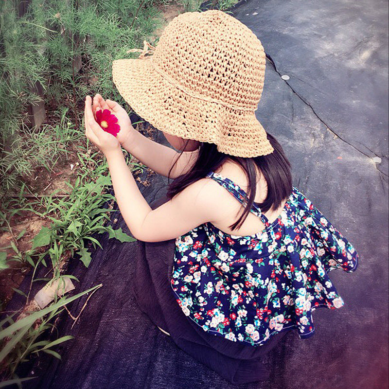 Korean children straw hat girls shade beach hat sunscreen fisherman hat spring summer seaside vacation hand-woven hat