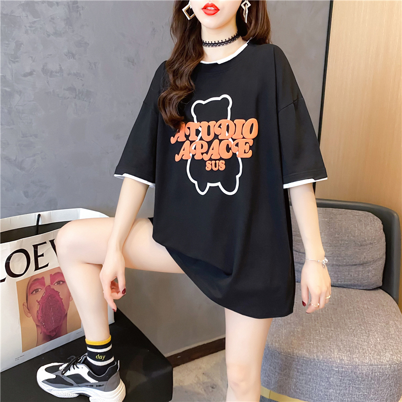 Net red super hot 2022 new heavy industry printing fake two-piece hole tide brand loose medium and long version short-sleeved T-shirt women