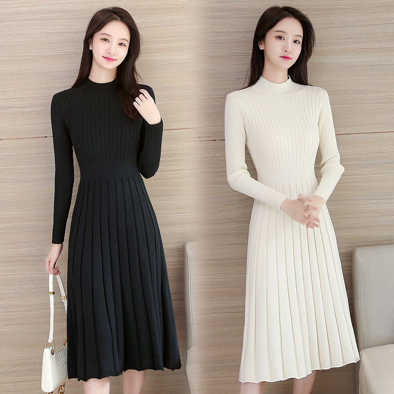 Half turtleneck knitted dress 2022 autumn and winter new waist and thin super fairy goddess mid-length red sweater dress