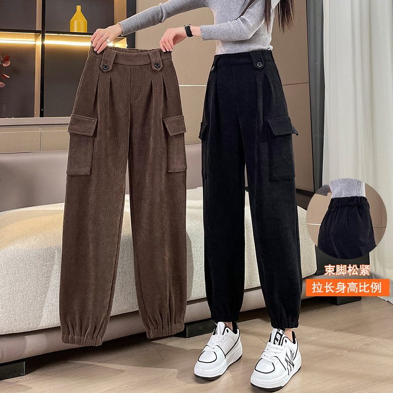 Fleece-Lined Cargo Pants for Women, Autumn and Winter, Carrot-Shaped Harem Pants, 2022 New Popular Corduroy Casual Sports Sweatpants for Women