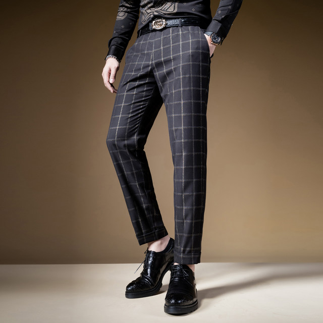 BM British style black plaid drape trousers high-end trousers men's trendy brand business trousers casual slim small feet trousers men's