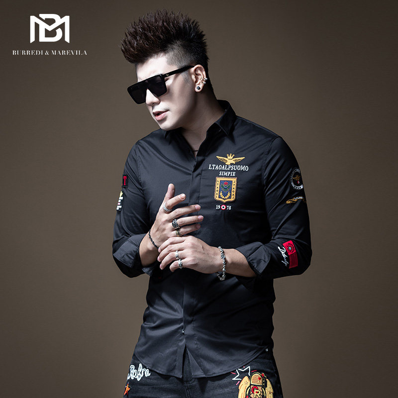 BM men's fall shirt embroidered white shirt male Korean version long sleeve trend casual handsome wind Inn wind retro fit