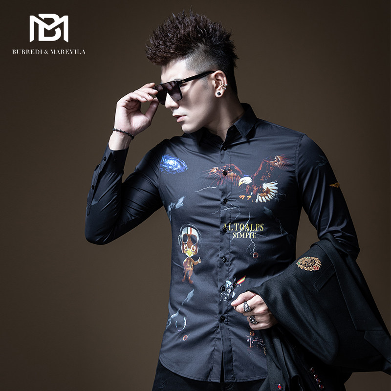 BM Men's Spring Autumn Tide Card Eagles Print Shirts Retro Men's Long Sleeves Shirt Personality Fashion Trends Han Edition Sashimi