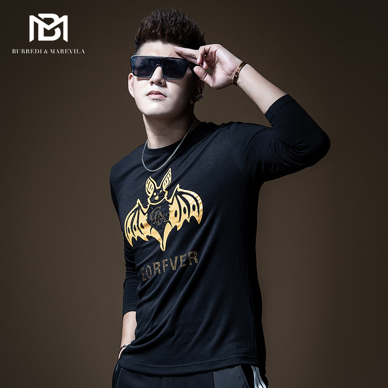 BM men's day silk cotton letter printed undershirt bat scalding round collar long sleeve T-shirt male tide card ins and autumn clothing