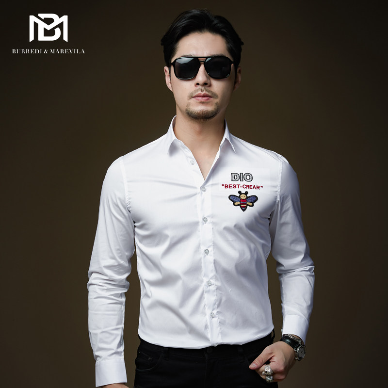 BM Springtime New Men's Shirt Small Bee Embroidered Nail Beads Men Casual Long Sleeve Damp to build up Inn Wind