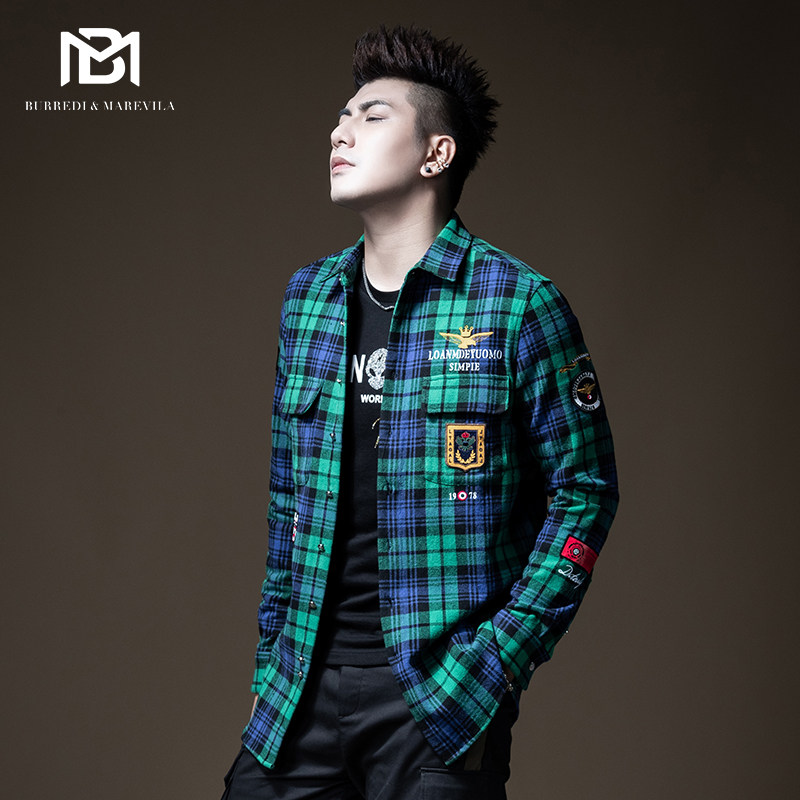 BM men's embroidery retro plaid grinders shirt men's lazy wind long sleeves to fix Korean version handsome windsuru pure cotton autumn