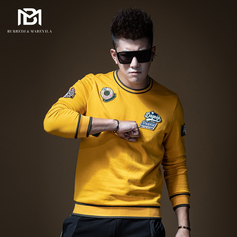 BM men's autumn badge embroidery retro round neck pullover thick cotton T men's tide brand hip-hop solid color loose striped long sleeves