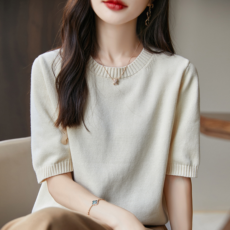 Casual Pure Cotton Round Neck Knitwear Short-Sleeved Women's Loose-Fitting Spring, Autumn and Winter Thickeneded Inner Half-Sleeved Knitwear Mid-Sleeve Bottoming Shirt