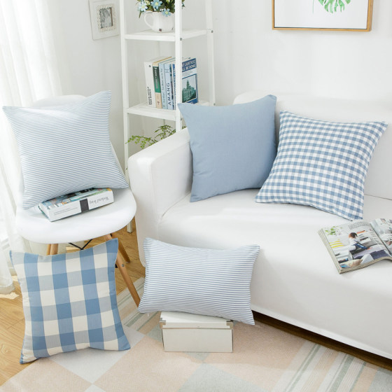 地中海抱枕靠垫靠枕套芯定制汽车沙发大号湖水蓝大小格子条纹纯色
