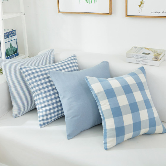 地中海抱枕靠垫靠枕套芯定制汽车沙发大号湖水蓝大小格子条纹纯色
