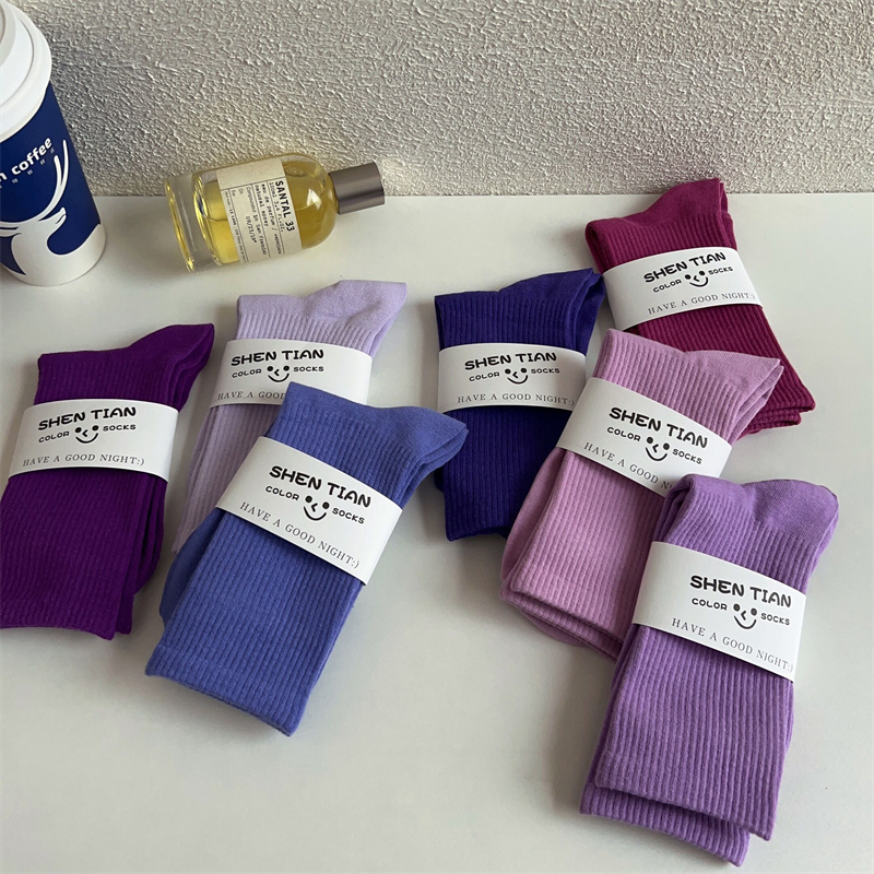 Purple Long Socks for Women, Ins-Style Mid-Calf Socks, Solid Color Cotton Socks, Versatile Korean Dance Socks That Don'T Slip Off, to Pair with Shark Pants