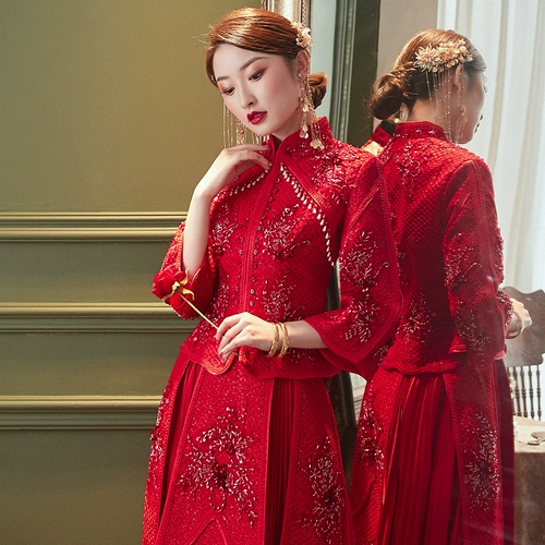 Красный традиционный свадебный наряд Сюхэ, свадебное платье, 2020, китайский стиль, коллекция 2021