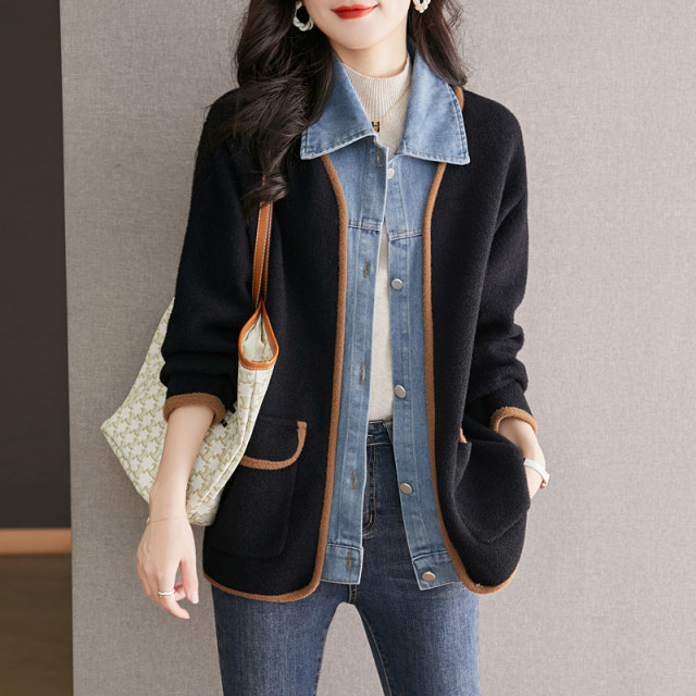 Autumn mid-length coat women's 2022 new fashion Western-style denim stitching baseball uniform spring and autumn vacation two-piece tops