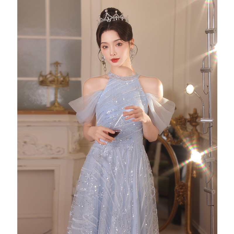 Blue Evening Dress for Women, High-End, Light Luxury, Niche, Classy, Suitable for Adult Ceremonies, Hostess, Banquet, Stunning, Art Exam, Graduation