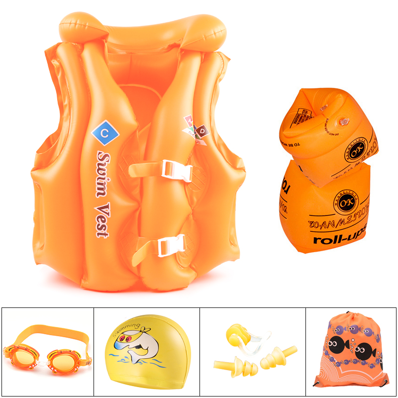 Orange 6-Piece Set (Vest + Goggles + Swimming Cap + Arm Ring + Nose Clip Earplug + Beach Bag)Xinhang   children life jacket   buoyancy inflation vest   child Swimsuit Drowning prevention Vest   Beginner Swimming equipment