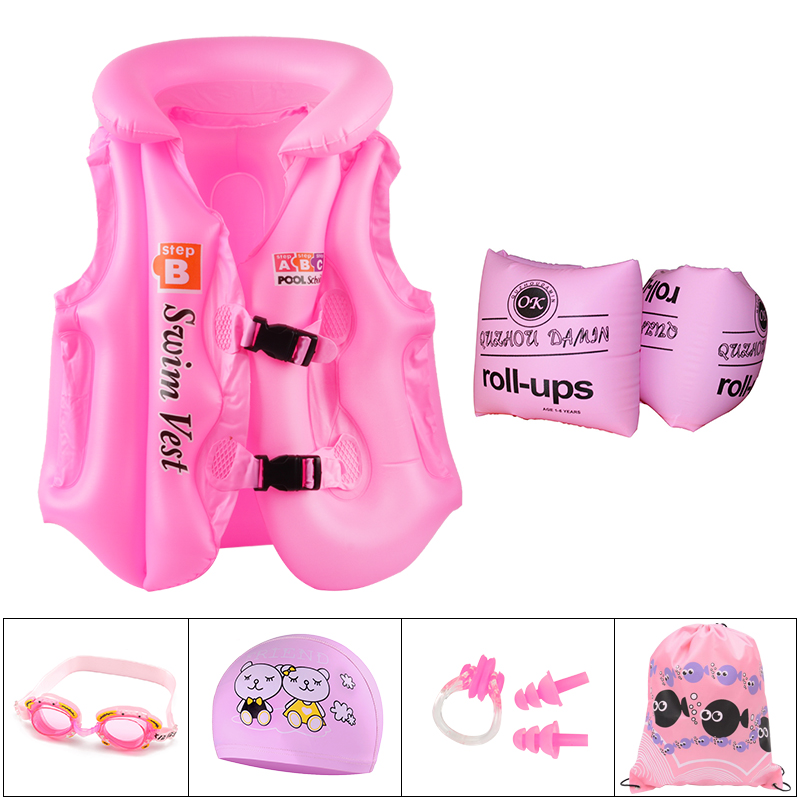 Pink 6-Piece Set (Vest + Goggles + Swimming Cap + Arm Ring + Nose Clip Earplug + Beach Bag)Xinhang   children life jacket   buoyancy inflation vest   child Swimsuit Drowning prevention Vest   Beginner Swimming equipment