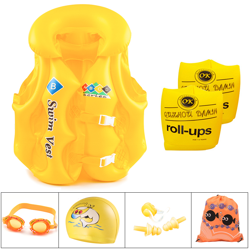 Yellow 6-Piece Set (Vest + Goggles + Swimming Cap + Arm Ring + Nose Clip Earplug + Beach Bag)Xinhang   children life jacket   buoyancy inflation vest   child Swimsuit Drowning prevention Vest   Beginner Swimming equipment