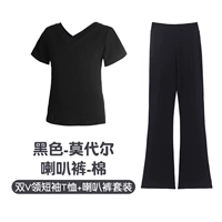 Черный комплект, штаны-клёш, короткий рукав, V-образный вырез