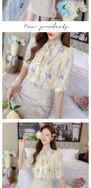 Áo thun cổ chữ V tay nữ mùa hè 2020 ngắn mới rộng rời áo mỏng che bụng nước ngoài nhỏ - Áo sơ mi chiffon ren
