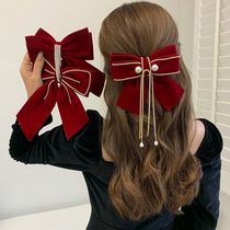 New Years red velvet bow hairpin for women side clip on the back of the head high-end top clip hairpin hair accessory