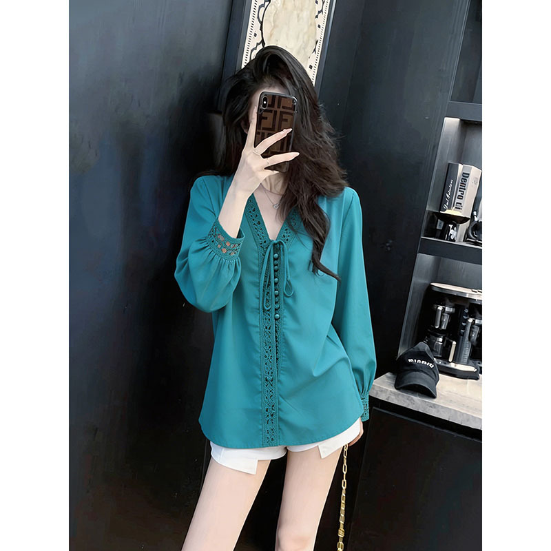 French-Style High-End Peacock Blue V-Neck Tie Shirt for Women, Summer Thin Tencel Linen Blouse Shirt Jacket