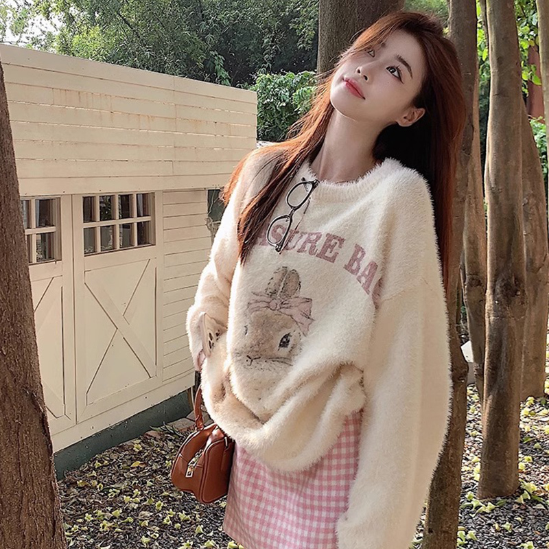 Soft and Fluffy Apricot Mink Wool Sweater for Women, Cute Rabbit Knit Pullover, Sweet Top for Autumn and Winter