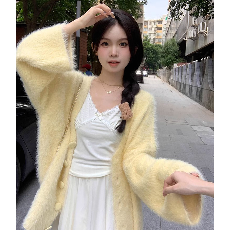 Gentle Style Milky Yellow Sweater Jacket, Feminine Autumn and Winter Loose and Lazy Style Mohair Knitted Cardigan, Mid-Length