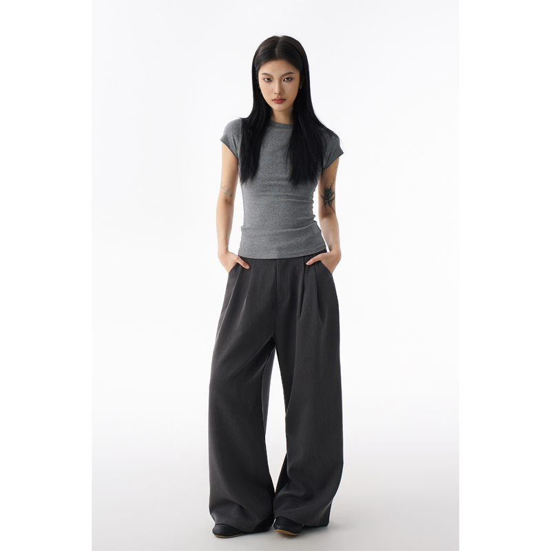 Agua Gray Suit Pants for Women, Spring Wide-Leg Pants, Straight-Leg Pants, Drapey, High-End Feel, Slimming, Petite Casual Long Pants