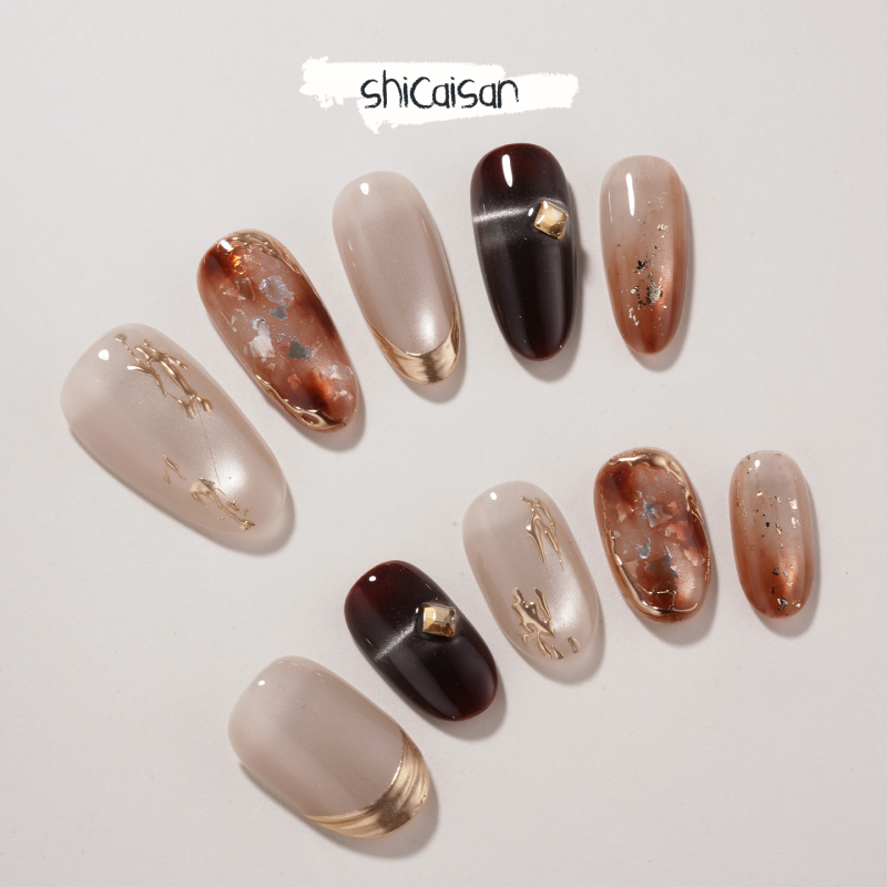 Ten Colors Three【Autumn Ember Gold Foil】Handmade Wearable Nails Long Style 2026 Milk Tea Brown Amber Gold Foil Vintage Manicure Ten Colors Three【Autumn Ember Gold Foil】Handmade Wearable Nails Long Style 2026 Milk Tea Brown Amber Gold Foil Vintage Manicure