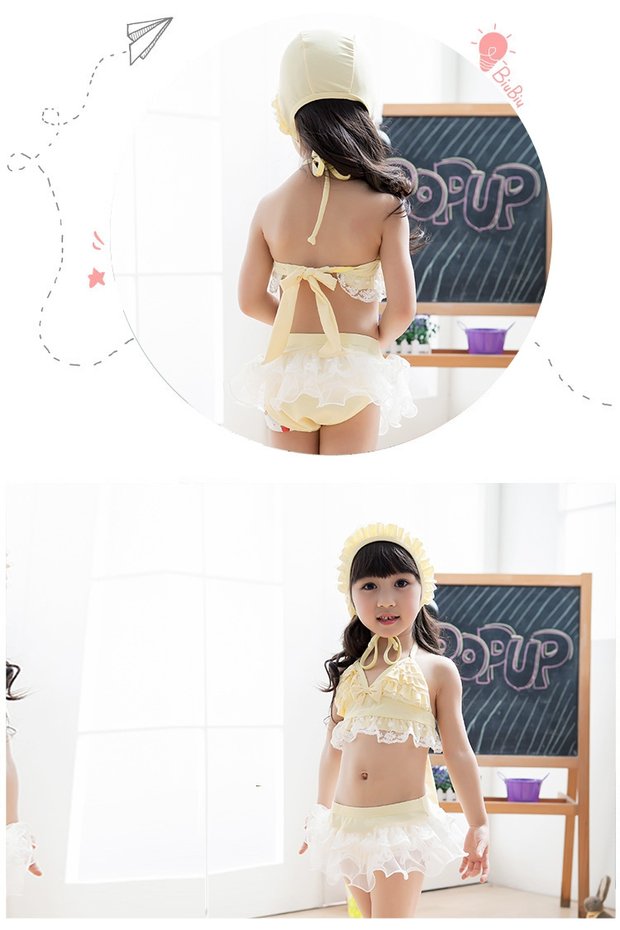 Bộ đồ bơi bikini cho bé gái Hàn Quốc chia tay cậu bé áo tắm hở lưng màu hồng sọc hồng ao boi tre em
