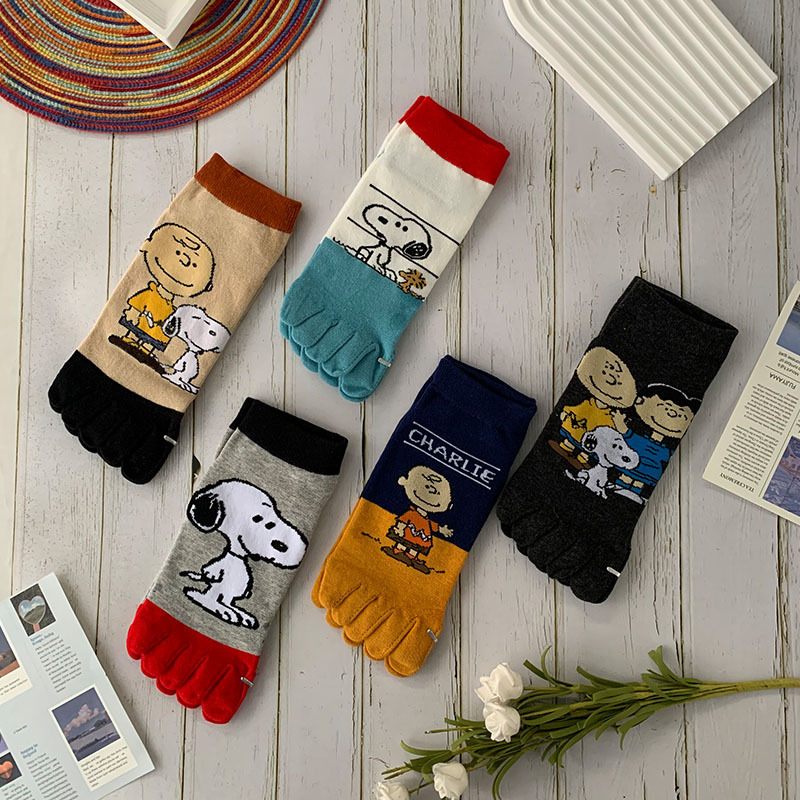 Cute Cartoon Five-Toe Socks for Girls, All-Cotton, Comfortable, Sports Short Socks, Four-Season Deodorant Socks, Women's Casual Socks