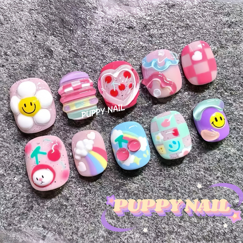 Clouds, Sunflowers, Pink, ins Cute Cherry Smiley Face Nail Art, Wearable Nails, Hand-Painted Colorful Dopamine Summer