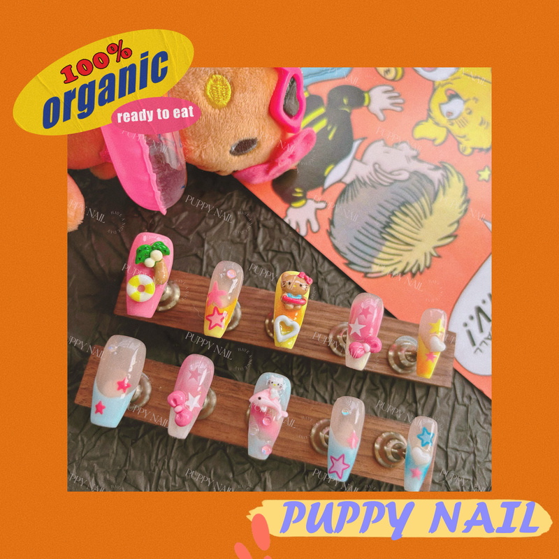 Puppy Holiday Kitty Cartoon Wearable Nails Cute Long Black Leather Kitty Summer Dopamine Manicure