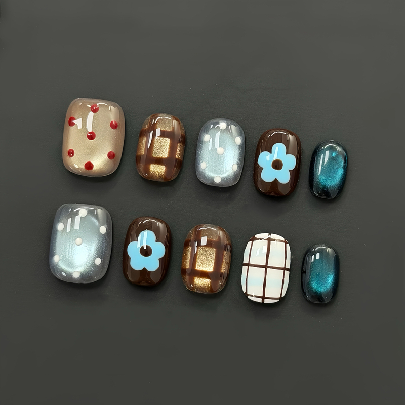 Polka Dot Cat Eye Hand-Painted Short Press-On Nails ins Cartoon Nail Art Autumn and Winter Brown Plaid Checkered Blue Flower Polka Dot Cat Eye Hand-Painted Short Press-On Nails ins Cartoon Nail Art Autumn and Winter Brown Plaid Checkered Blue Flower