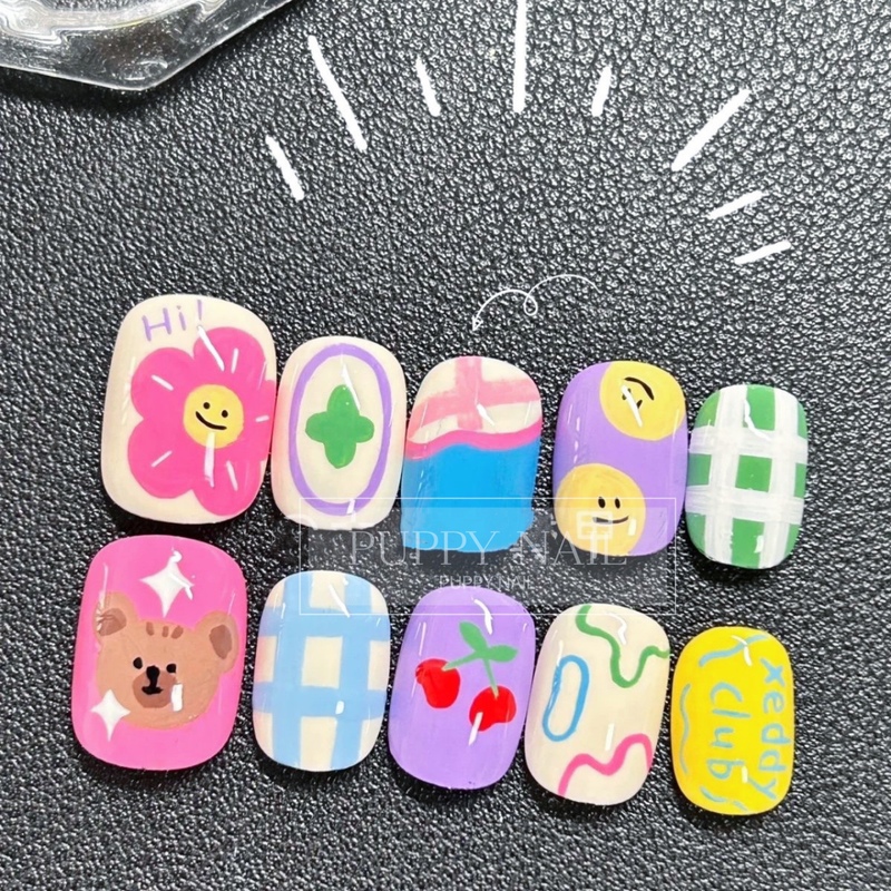 Puppy Bear Party ~ Graffiti Hand-Painted Nail Art ins Dongdaemun Thai-Style Nail Art Summer Cute Cartoon