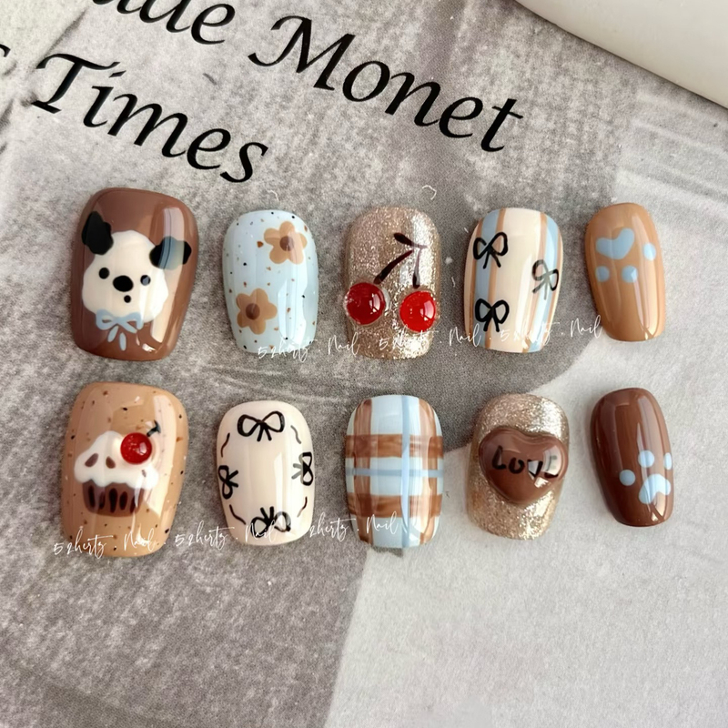Cherry Puppy Caramel Color Plaid Autumn and Winter Melard Press-On Nails Cartoon Hand-Painted Cute Nail Art Cream Color