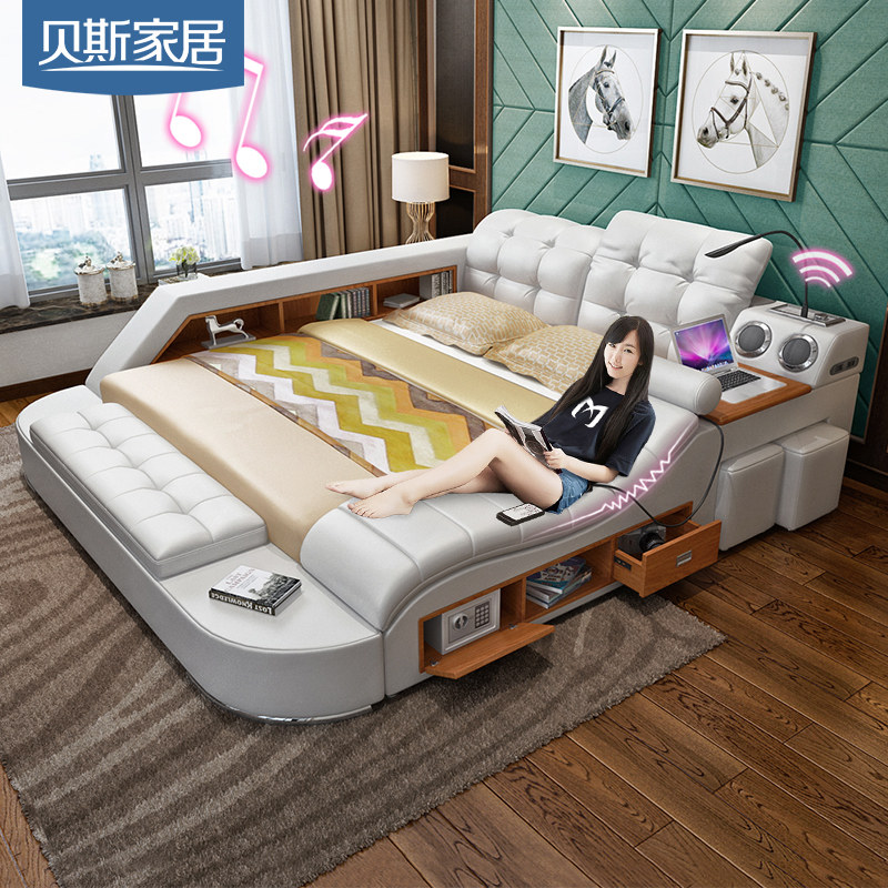 Massage leather bed Tatami bed Leather bed Leather art bed Double bed 1 8 meters wedding bed Soft bed Modern simple master bedroom