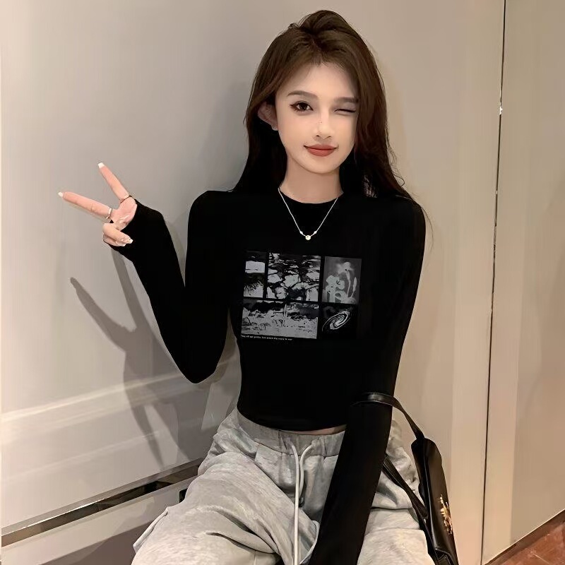 Early Autumn Spicy Girl Style Black Long-Sleeve T-Shirt for Women, Fashionable Slim-Fit Versatile Pure Cotton Short Base Shirt Top