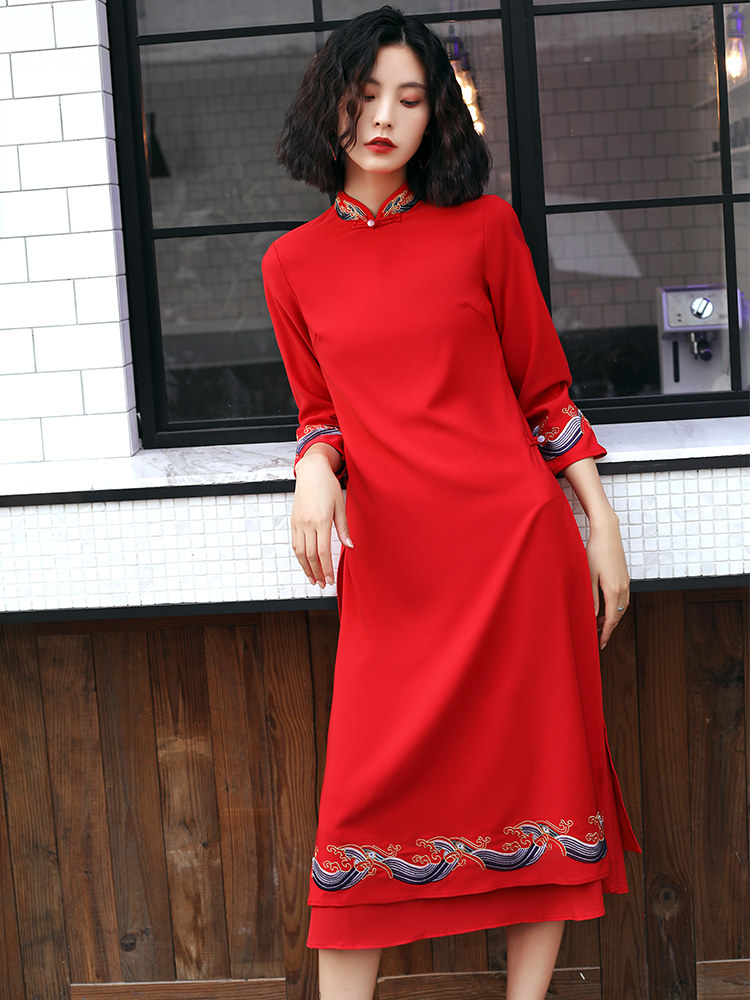 Red modified Cheongsam bridal toast dress 2020 autumn new slim-fit retro Chinese style women's dress